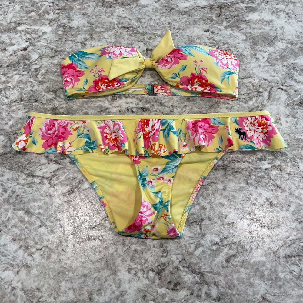 Abercrombie & Fitch Yellow Floral Ruffle Bikini Set